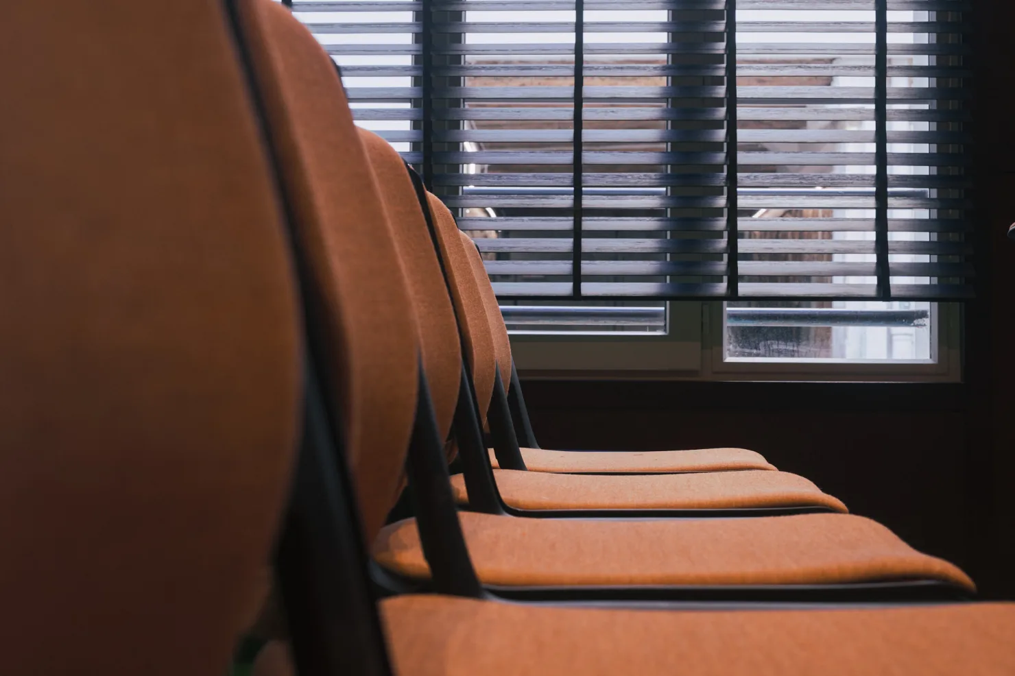 Des chaises tapissées alignées, vues de près.